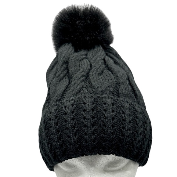 BLACK Cable Knit Beanie with Faux Fur Pom pom - Picture 2 of 7